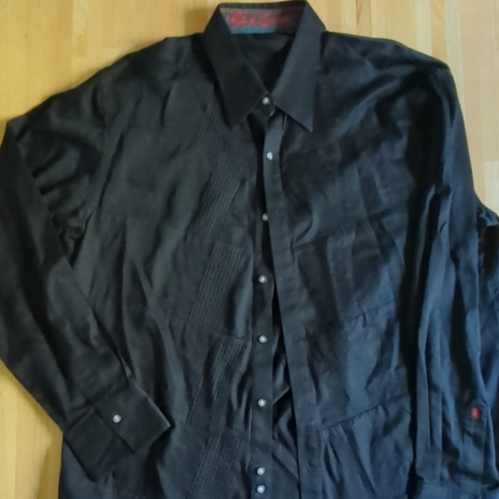 Robert Graham Embroidered Black Button-Up Shirt Flip Up Cuffs XL
